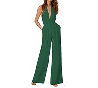 Combinaison pour femme - Col en V profond - Dos nu - Ample - Sans manches - Jambe large - Avec poches - Élégante - Uni - Dos nu - Taille élastique, #A6-vert, S