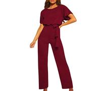 Combinaison pour femme élégante Air Essentials Combinaison décontractée à jambes larges avec poches stretch col rond sans manches Salopette taille élastique avec cordon de serrage, #D5-vin, S