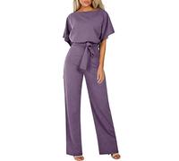 Combinaison pour femme élégante Air Essentials Combinaison décontractée à jambes larges avec poches stretch col rond sans manches Salopette taille élastique avec cordon de serrage, #D3-violet, L