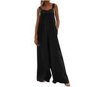 Combinaison pour femme - Élégante jambe large - Col carré - Salopette ample sans manches - Pantalon à bretelles plissées, #01 Noir, S