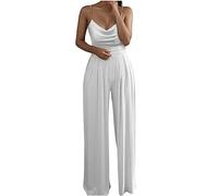 Combinaison pour femme - Haut sexy uni - Pantalon à bretelles larges - Jambe de perles - Salopette ample pour femme - Longue bretelles - Salopette ample, blanc, S