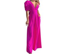 Combinaison pour femme - Manches bouffantes - Taille empire - Pantalon large et col en V - Pantalon une pièce uni avec poches - Salopette ample et élégante - Pour la plage, les vacances, les mariages,