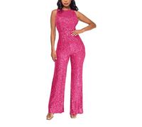 Combinaison pour femme - Salopette d'été des années 70 - Costume disco - Combinaison à paillettes - Combinaison d'été sans manches pour femme - Combishort pour sortir, rose vif, L