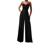Combinaison pour femme sans manches, col en V, bretelles, dos nu, large, couleur unie, chic, pantalon élégant, salopette, combinaison à bretelles spaghetti, pour soirée, mariage, cérémonie, fête, Noir