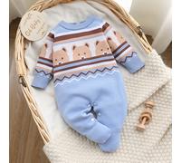 Combinaison-pull pour bébé nouveau-né, mode et mignonne, jacquard tricoté avec ourson, col rond à boutons-pression, pieds, doux et confortable, convient pour le printemps/automne, port quotidien, sort