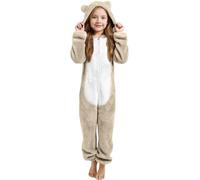 Combinaison Pyjama Enfant Fille Garçon 3-12 Ans Douce Pyjama Combinaison Surpyjama Enfant Grenouillère Hiver Chaude Doublée Polaire avec Capuche Oreilles à Manches Longues (Beige, 7-8 Years)