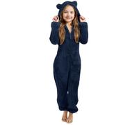 Combinaison Pyjama Enfant Fille Garçon 3-12 Ans Douce Pyjama Combinaison Surpyjama pour Enfants Grenouillère Hiver Chaude Doublée Polaire avec Capuche Oreilles de Chat Déguisement (Navy, 9-10 Years)