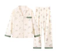 Combinaison Pyjama Femme,Femmes Automne Hiver Tempérament Loose Oversize Manches Longues Col Pliant avec Bouton Vêtements Confortables Maman Chemise Pantalon Pyjama Set,Bleu,XXL