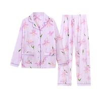 Combinaison Pyjama Femme,Femmes Loose Pantalon Pyjama Set Automne Hiver Boucle Vêtements Confortables Grande Taille Ample Manches Longues Revers Robe De Maman Chemise,Bleu,M