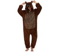 Combinaison Pyjama Femme Homme Pyjamas Onesies Cosplay Costume Kigurumi Deguisement Halloween Adulte Pyjama Pilou Pilou Chaud et Doux à Poches pour Carnaval Halloween Noel Jour de l'An, XL Ours Brun