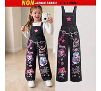Combinaison-salopette noire pour filles, style doux et cool, imprimé dessin animé vintage usé, coupe ample à jambes larges, avec motif coloré de fille idole dessin animé et graffiti d'étoiles contrast
