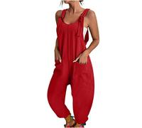 Combinaison sans Manches pour Femme, Salopette Femme Ample Combishort Jumpsuit À Bretelles Dos Nu Jambes Larges Léger Barboteuse Playsuit Style Bohème Spaghetti Pantalon avec Poches