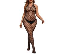 Combinaison Sexy Femme érotique Ouvert Entrejambe Collant Bas Resille Bodystocking Filet Catsuit sans Manches Body Transparent Femme Dos Nu col Halter Nuisette Babydoll (Black, One Size)