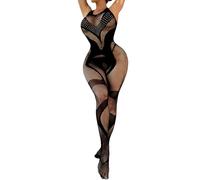 Combinaison Sexy Femme érotique Ouvert Entrejambe Resille Strass Club libertin Bodystocking Filet sans Manches Catsuit Body Dos Nu Femme Collant Bas Nuisette Babydoll (Black, One Size)