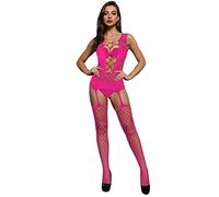 Combinaison Sexy Femme érotique Ouverte Moulante Bodystocking Filet Collant Bas Resille Catsuit Body Dentelle Femme Transparent sans Manche Babydoll Lingerie Sexy Coquine (Hot Pink, One Size)