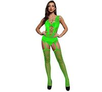 Combinaison Sexy Femme érotique Ouverte Moulante Bodystocking Filet Collant Bas Resille Catsuit Body Dentelle Femme Transparent sans Manche Babydoll Lingerie Sexy Coquine Hot (Green, One Size)