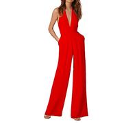 Combinaison sexy sans manches pour femme avec décolleté plongeant en V et dos nu Combinaison Femme Chic Pour Soirée Couleur Unie Mode Décontractée Rompers Jumpsuit Pantalon Jambes Larges Casual