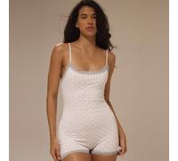 Combinaison-short ajustée à pois blanc et bleu avec bordure en dentelle, col dégagé, lingerie pyjama mignonne, sous-vêtements Muse In Her Era L,M,S,XL,XSImprimés aléatoiresTissu tricoté