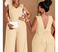 Combinaison tricotée élégante et grande taille pour femmes, sans manches, col en V, design dos nu avec poches, body long et très extensible pour un style chic en été 0XL,1XL,2XL,3XLUnicoloreTissu tric