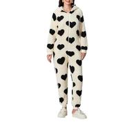 Combinaison une pièce en polaire pour femme - Imprimé cœur mignon - Manches longues - Pyjama à capuche - Automne et hiver - Chaud - Fermeture éclair - Vêtement de détente, a-noir, S