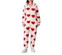 Combinaison une pièce en polaire pour femme - Imprimé cœur mignon - Manches longues - Pyjama à capuche - Automne et hiver - Chaud - Fermeture éclair - Vêtement de détente, A - Rouge, M