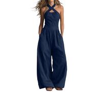Combinaison Une pièce sans Manches col Licou croisé en mélange Coton Lin, Jambe Large et Poches Pratiques, Tenue Confortable pour Toutes Vos Sorties au Fil des journées Estivales(Navy, M)
