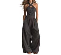 Combinaison Une pièce sans Manches col Licou croisé en mélange Coton Lin, Jambe Large et Poches Pratiques, Tenue Confortable pour Toutes Vos Sorties au Fil des journées Estivales(Dark Gray, XL)