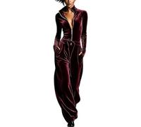 Combinaison Velours Femme Manches Longues Col Montant Zip Cordon | Velours doux, zip devant, cordon à la taille et jambe large pour voyage, détente, sorties et automne-hiver