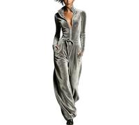 Combinaison Velours Femme Manches Longues Col Montant Zip Cordon | Velours doux, zip devant, cordon à la taille et jambe large pour voyage, détente, sorties et automne-hiver