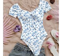 Combinaison vintage à fleurs Ditsy avec volants à l'épaule, nœud devant et plis, convient pour les sorties, les vacances à la plage, les festivals de musique, les mariages, élégante romantique chic bo
