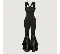 Combinaison vintage élégante avec garniture en dentelle noire, gilet avec boucle métallique et pantalon évasé - parfaite pour les fêtes, les sorties, les anniversaires, les thés de l'après-midi et les