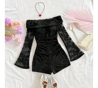 Combinaison volantée avec manches évasées en dentelle noire à encolure dégagée des épaules, Vacances WYWH L,M,S,XL,XS,XXL,XXS,XXXL,XXXXLLettres,Unicolore,Tout ImpriméDentelle