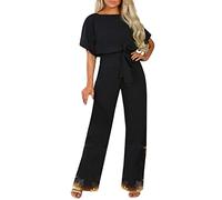 Combinaisons et Combishorts Femme Combinaison à Manches Courtes Col Rond Barboteuse Jumpsuit D'été Chic Élégant Slim Pantalon Loose Casual Combishort avec Ceinture (Yellow #7, L)