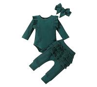 Combinaisons et Pantalons côtelés à Volants pour bébés Filles à Manches Longues avec nœuds décontracté Printemps et Automne Ensemble de vêtements pour bébés Ensemble Fille 5 Ans (Green, 0-3 Months)