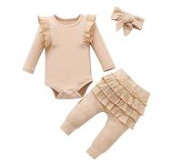 Combinaisons et Pantalons côtelés à Volants pour bébés Filles à Manches Longues avec nœuds décontracté Printemps et Automne Ensemble de vêtements pour bébés Ensemble Fille 5 Ans (Beige, 0-3 Months)