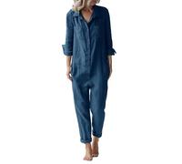 Combinaisons pour femmes grande taille en coton et lin de mode décontractée avec revers longs à manches longues et boutons avec poches. Toutes les combinaisons sexy pour femmes, bleu, XL
