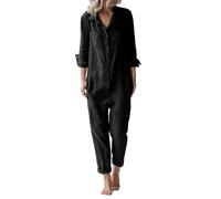 Combinaisons pour femmes grande taille en coton et lin de mode décontractée avec revers longs à manches longues et boutons avec poches. Toutes les combinaisons sexy pour femmes, Noir , M