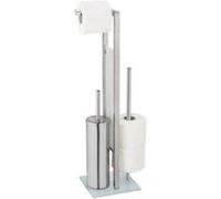 WENKO Combiné WC Rivalta | 3 en 1| Brosse WC fermée et Dérouleur Papier Toilette | Stockage Papier | Tête de Brosse remplaçable | Acier INOX Noir et Verre trempé Noir| 18x70x23 cm | Argent Mat