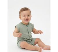 Combishort 100% Coton Bébé Mixte Fond Blanc Casse Raye Kaki 9M(71CM)