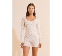 Combishort à manches longues avec motif fleuri - Bayaline - XS - Ecru - Femme - Etam