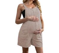 Combishort de maternité pour femme - Combinaison courte pour femme - Salopette extensible décontractée à col carré froncé - Couleur unie - Salopette d'été sans manches avec poches, kaki, M
