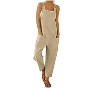 Combishort d'été pour femme - Combinaison ample décontractée sans manches confortable à col carré pour le travail, les sorties, couleur unie, combinaison de plage bohème avec poches, kaki, L