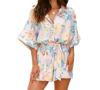 Combishort d'été pour femme - Imprimé bohème - Avec boutons - Avec ceinture - Style décontracté - Ample - Style streetwear, Style A 1, L