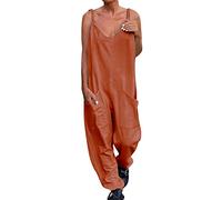 Combishort Femme, Combinaison Pantalon Chic s décontractées d'été paghetti Strap V Neck Loose Romper avec poches (Brown 4XL)