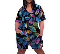 Combishort Femme Été Combinaison Femme Grande Taille Manches Courtes Col V Baggy Jumpsuit Playsuit avec Poches Décontracté Vacances Plage Playsuits de Plage Combinaison Sudation Surdimensionné