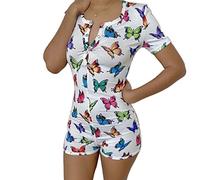 Combishort Femme Sexy Combinaison Pyjama Chic à Col en V Imprimé Lettre Papillon Barboteuse Moulante à Manches Courtes Jumpsuit Été Grand Taille (Blanc, M)