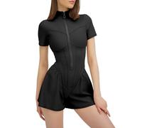 Combishort long pour femme - Barboteuse décontractée sexy - Combinaison moulante à manches courtes - Fermeture éclair - Tenue de voyage pour femme, Noir , M