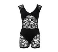 Combishort Noire Femme Dames Printemps Et Été Mode Quotidienne Col en V À Manches Courtes Tendance Sexy Serré Voir À Travers La Dentelle Bottoming Shorts Femme Deux Pièces Tenue De Sport (Black, XL)