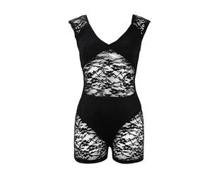 Combishort Noire Femme Dames Printemps Et Été Mode Quotidienne Col en V À Manches Courtes Tendance Sexy Serré Voir À Travers La Dentelle Bottoming Shorts Femme Deux Pièces Tenue De Sport (Black, XL)