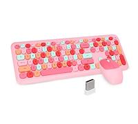 Combo Clavier et Souris sans Fil 2.4G, Clavier Esthétique Mignon avec Touches Rondes Colorées, Clavier de Machine à écrire QWERTY Pleine Taille à 110 Touches(Rose mélangé)